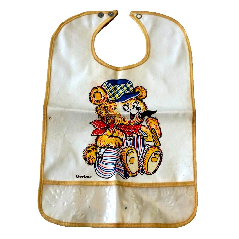 VTG Gerber Bear Toddler Plastic Snap On Vinyl Bib W/Crumb Catcher Pocket 60s 70s
